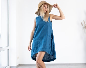 Women&#39;s Linen dress Verona / Sleeveless linen dress / summer dress / elegant linen dress / blue Asymmetrical dress / knee length dress