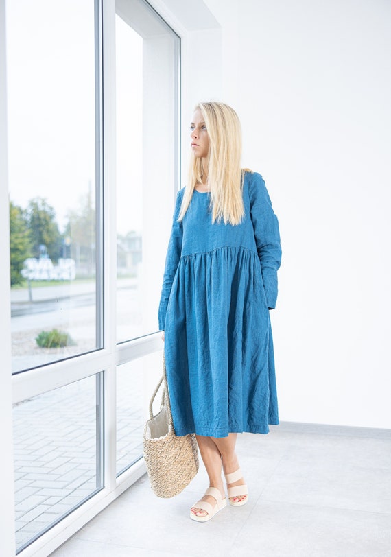 Blue Linen Dress / Marseille / Maternity Dress / Boho Linen Dress / Loose Fit Dress / Below Knee Dress / Ruffle Linen Dress with Pockets Blue Linen Dress / Marseille / Maternity Dress / Boho Linen Dress / Loose  Fit Dress / Below Knee Dress / Ruffle Linen Dress With Pockets - Etsy