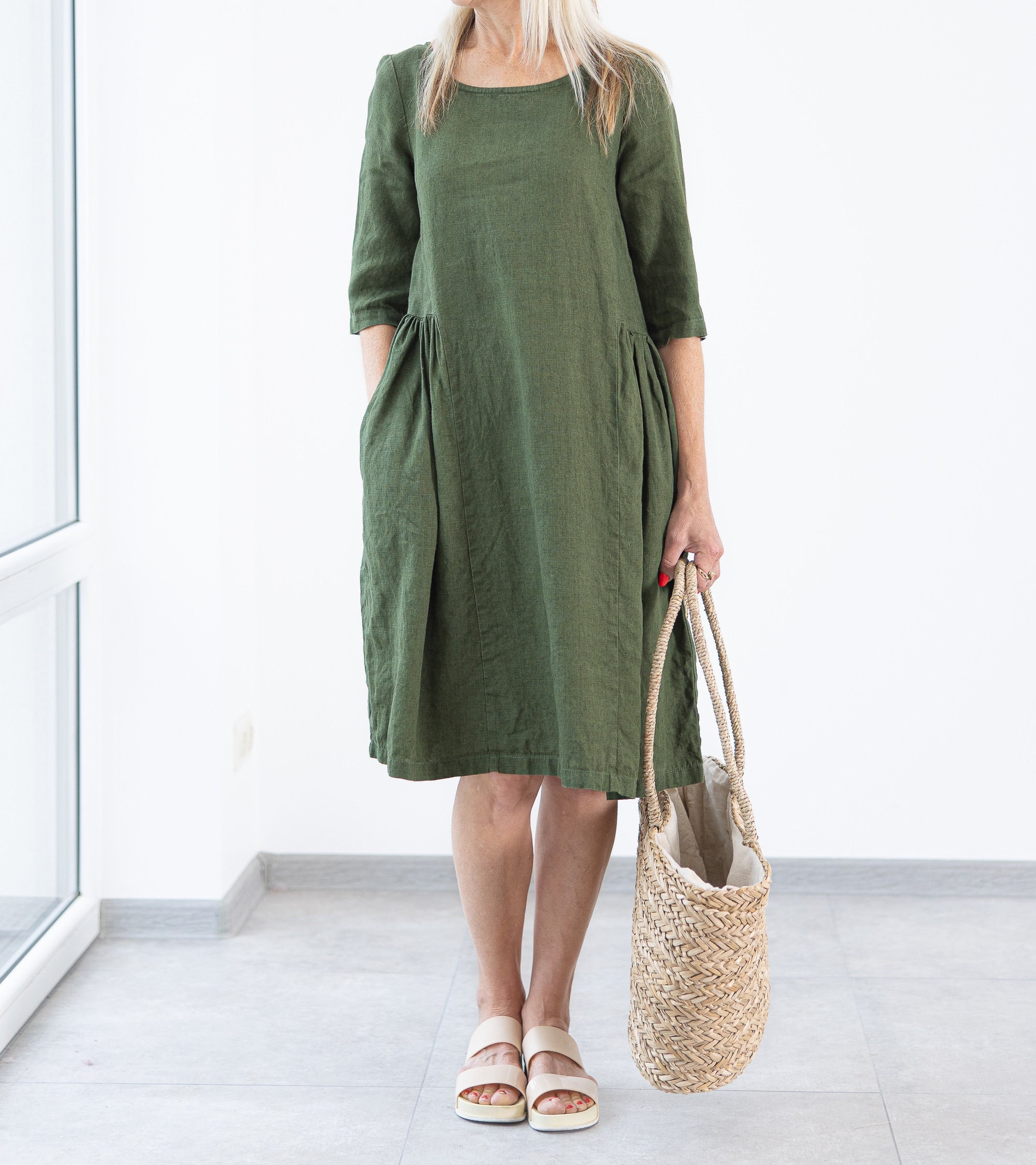 Green Linen Ruffled Dress Sarah/Women Linen Summer Simple Handmade Clothing Simple Minimalistic
