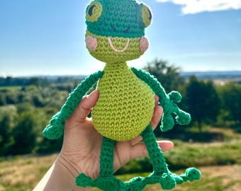 May include: A handmade crochet frog doll in shades of green and light pink. The frog has large eyes, a smiling mouth, and rosy cheeks. The doll's arms and legs are extended, and it is held up against a backdrop of a sunny sky and green landscape.
