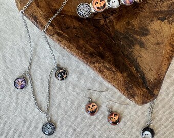 Halloween Jewelry Set: Ghost, Jack-o-lantern, Spider Web, Cat