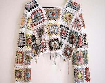 Granny Square Fringe Pullover Crochet Pattern, Boho Oversized Top (Digital Download)