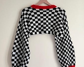 Checkerboard Crochet Sweater Pattern – Retro Color Block Pullover (Digital Download)