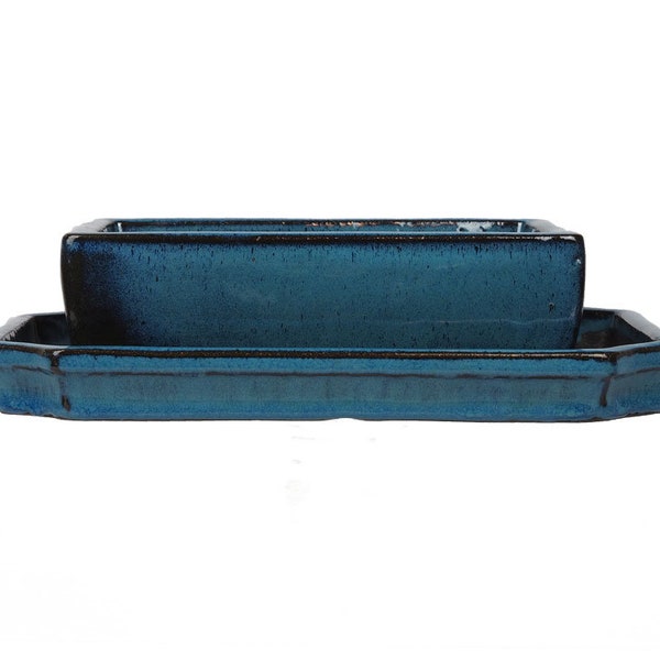 Glazed bonsai pot blue, various sizes, square shape, with saucer - ceramic, for indoor use