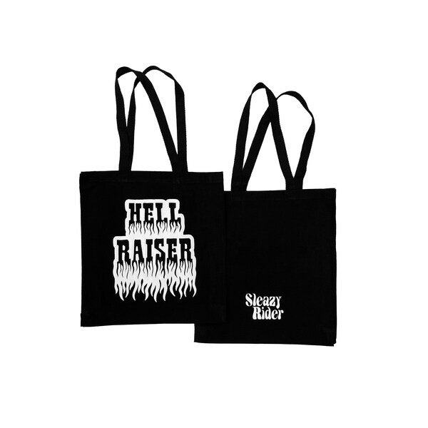 Sleazy Rider Hell Raiser Black Tote Bag Black Heavyweight 100% Cotton Canvas Handbag Weekend Travel Holdall Bag Biker Rock and Roll Gothic