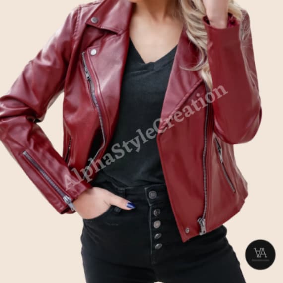 Leather Jacket for Women Red Handmade Coat Slim Fit Biker Jacket