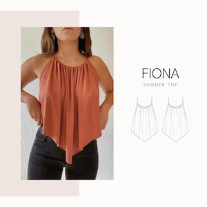 May include: A rust-colored sleeveless top with a gathered, high-neck design and a pointed, asymmetrical hemline. Next to the top is a black and white line drawing illustration labeled FIONA SUMMER TOP, showing the front and back views.