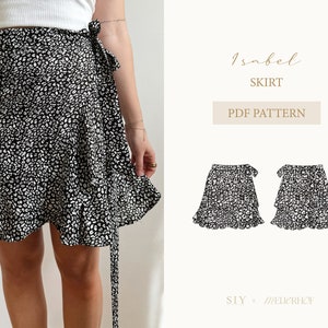 Può includere: Una gonna avvolgente bianca e nera con stampa leopardata. La gonna è mostrata su una modella ed è disponibile come modello PDF. Il testo "Isabel Skirt PDF Pattern" è visualizzato sull'immagine.