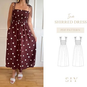 May include: A burgundy shirred dress with white polka dots, featuring tie straps and a smocked bodice. The dress has a midi length and pockets. The image also includes a PDF pattern with the text "Ina Shirred Dress".