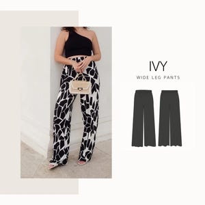 Peut inclure: Pantalon large noir et blanc à motif géométrique. L'ensemble comprend un haut noir à une épaule et un petit sac à main beige. Le texte "IVY WIDE LEG PANTS" est affiché.