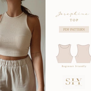 Può includere: Un cartamodello PDF per un top corto senza maniche chiamato "Josephine Top". Il cartamodello è adatto ai principianti e include un disegno a linea del top.