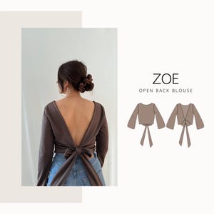 Puede incluir: Una blusa marrón con la espalda abierta, mangas largas y cierre de lazo. La blusa se combina con unos vaqueros azules. La imagen también incluye un dibujo lineal de la blusa y el texto "ZOE OPEN BACK BLOUSE".