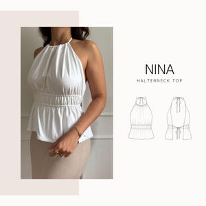 May include: A white halterneck top with a gathered neckline and a cinched elastic waist. The text NINA HALTERNECK TOP is displayed next to a black and white line drawing showing the front and back views of the garment with tie closures.
