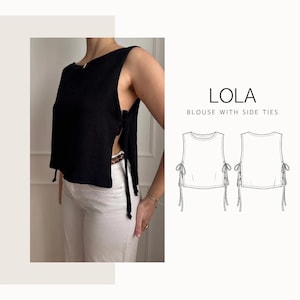 Puede incluir: Blusa negra sin mangas con lazos laterales. La blusa tiene un escote redondo y se combina con pantalones de color claro. La imagen también incluye un dibujo lineal de la blusa y el texto "LOLA BLOUSE WITH SIDE TIES."