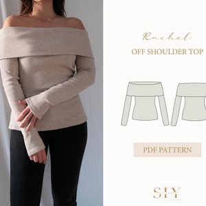Op de afbeelding: Een PDF-patroon voor een off-shoulder top genaamd "Rachel". Het patroon bevat een lijntekening van de top, met de tekst "PDF Pattern" en "S.I.Y. Sew It Yourself" onder de tekening.