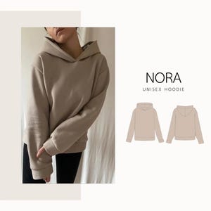 May include: A beige unisex hoodie with a drawstring hood and long sleeves. The image shows a person wearing the hoodie, along with a line drawing of the front and back of the hoodie. The text "NORA UNISEX HOODIE" is also visible.