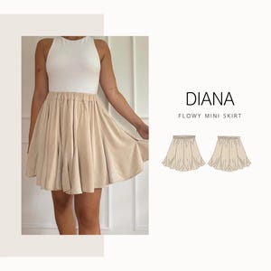 Puede incluir: Minifalda fluida de color beige con cintura elástica. La falda se combina con una camiseta sin mangas blanca. La imagen incluye el texto "DIANA FLOWY MINI SKIRT" y un boceto de la falda.