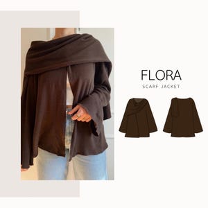 May include: A brown scarf jacket with a draped neckline and long sleeves. The jacket is open in the front and has a relaxed fit. The text "FLORA SCARF JACKET" is displayed in the image.