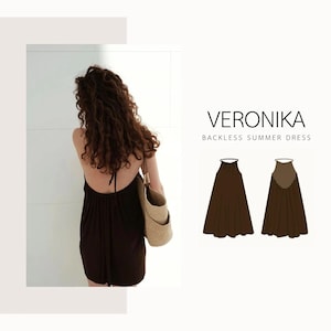 May include: A brown backless summer dress. The dress is worn by a person with long, curly brown hair. The text "VERONIKA BACKLESS SUMMER DRESS" is displayed in a minimalist font. The image also includes a sketch of the dress.