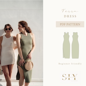 May include: Two women wearing sleeveless dresses, one in white and one in green, standing in front of a white wall. The green dress has a slit on the side. The text "Tessa Dress PDF Pattern" is on a white background with a brown border. The text "Beginner friendly" is below the pattern. The text "SIV Sew It Yourself" is below the text "Beginner friendly".