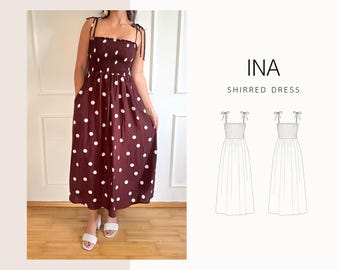 Ina Dress | digital sewing pattern | shirred Dress | XXS - 4XL