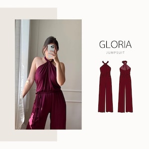 May include: A burgundy halter jumpsuit with wide legs. The image includes a person wearing the jumpsuit and a graphic of the jumpsuit with the text "GLORIA JUMPSUIT". The jumpsuit has a tie at the waist.