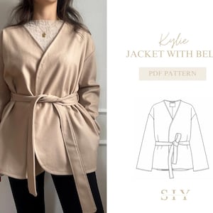 May include: A beige jacket with a belt tied at the waist. The jacket has a V-neck design and long sleeves. The image also includes a line drawing of the jacket and the text "Kylie JACKET WITH BELT PDF PATTERN".