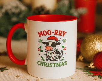 Moo-rry Christmas novelty mug! Two tone with 3 colour options