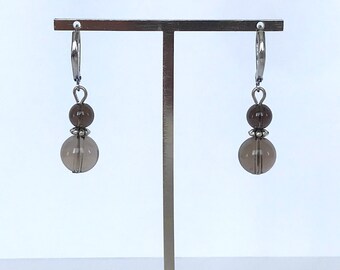 Boucles oreilles duo perles en quartz fumé, Pendantes perles minéraux marron glacé, Bijou fait main en France, Cadeau femme