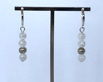 Boucles oreilles 4 perles moyennes cristal craquelé, Pendantes quartz transparent, Bijou fait main en France, Cadeau femme