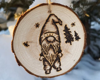 Winter Gnome, Pyrography Wood Slice, Wood Art