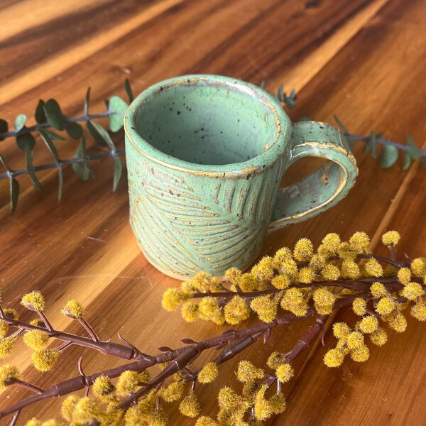 Green Leaf Ceramic Espresso Cup  | Small Coffee Tea Mug | Pattern Ceramic Mug | Housewarming Gift | Handmade Ceramic Pottery