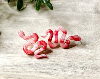 Polymer clay snake earring, snake stud earrings, red snake earrings, marble snake jewelry, serpent earring, halloween earrings clay