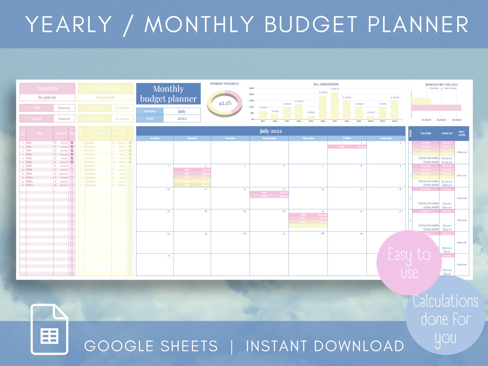 Google Sheets Budget Planner Bill Calendar 2022 & 2023 Monthly Etsy