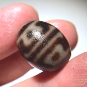 Puede incluir: Una cuenta de ágata marrón oscuro y blanca con un patrón de remolino. La cuenta es lisa y pulida.