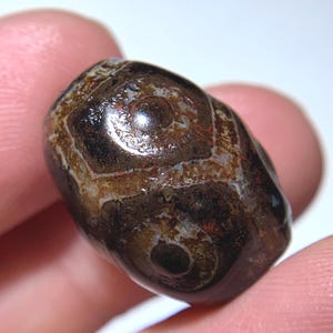 Puede incluir: Una piedra pulida, de forma ovalada, con un color base marrón oscuro y patrones intrincados en marrón claro y blanco. La piedra tiene un acabado brillante y parece ser una piedra preciosa natural o un espécimen mineral. Los patrones se asemejan a ojos o espirales.