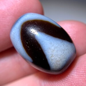 Puede incluir: Una cuenta pulida, de forma ovalada, con un diseño llamativo. La cuenta presenta una franja curva de color marrón oscuro sobre un fondo azul claro y blanco. La superficie tiene una apariencia sutil y texturizada. La cuenta se sostiene en una mano.