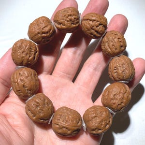 May include: A brown beaded bracelet made of walnut shells. The bracelet is strung together with clear elastic. The walnut shells have a textured surface and are a natural brown color.