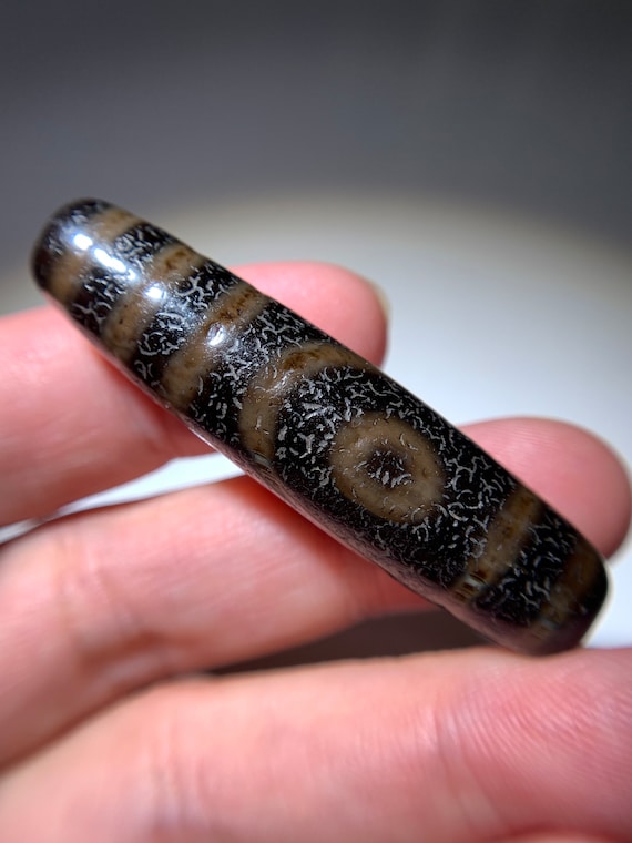 Dzi Bead " 2 Eyes " Amulet Pendant 52mm x 13.3mm(Carved Totem)