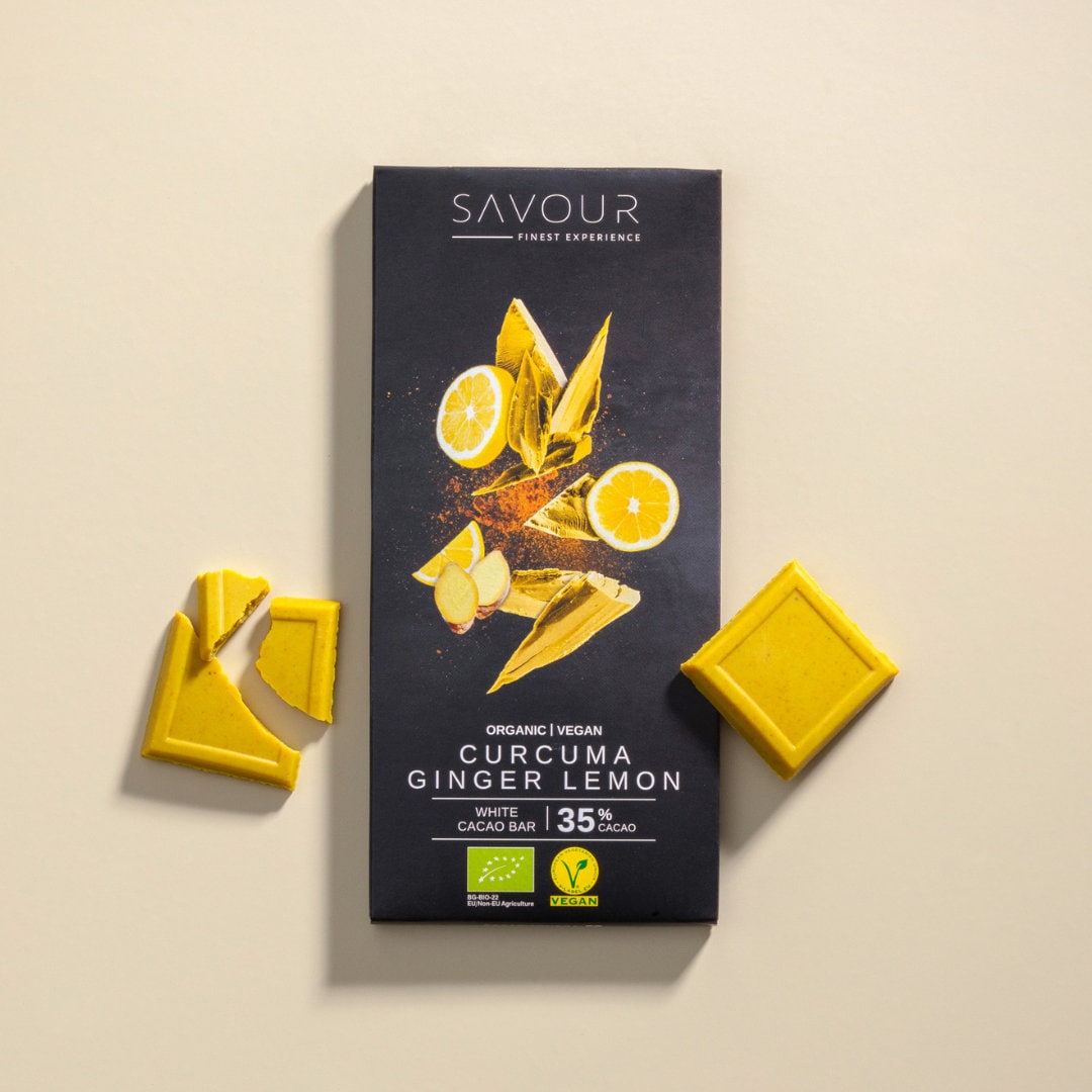 White chocolate with turmeric, ginger & lemon I Vegan, organic, gluten-free I also ideal as a gift