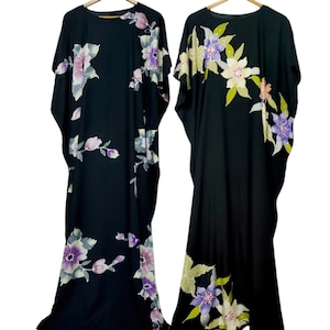 Handgefertigter Baumwoll-Kaftan, Batik-Kaftan, schwarzer Blumen-Kaftan in voller Länge, Strandmode-Kaftan-Kleid, Plus-Size-Kaftan, Resort-Kaftan, Geschenk für Mama