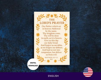 The Lord's Prayer KJV Print: Orange Floral Christian Wall Art (Digital Download)