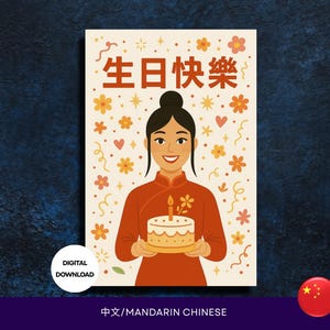 May include: A digital download birthday card featuring a smiling woman in a red dress holding a cake with a lit candle. The card has Chinese characters and decorative flowers and hearts. The words "DIGITAL DOWNLOAD" are also visible.