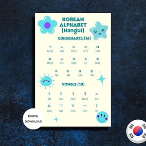 Korean Alphabet Chart for Kids | Cute Hangul Poster Printable | Korean Language Learning | Classroom Wall Art | Digital Download