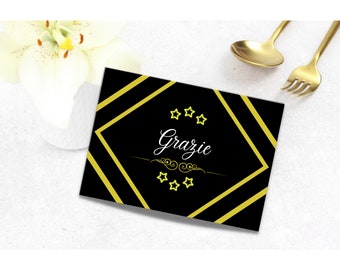Grazie / Italian Thank You Card / Elegant / Black and Yellow / Single and Foldable Card / Ornate Design