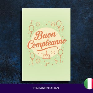 Cartão de aniversário italiano para impressão – Cartão de felicitações Buon Compleanno – Download digital – Presente instantâneo – Cartão de aniversário faça você mesmo