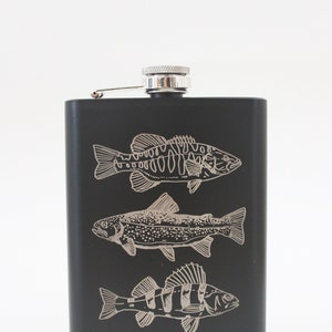 Hip Flask - Freshwater Fish - Gift for Men - 8 oz Stainless Steel Hip Flask | Black | Laser Engraving | Quebec | Return to Earth