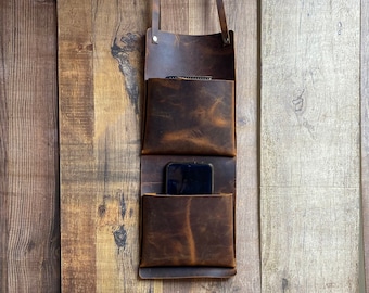 Handmade Leather Hanging Wall Pocket: Bedside Caddy Organizer