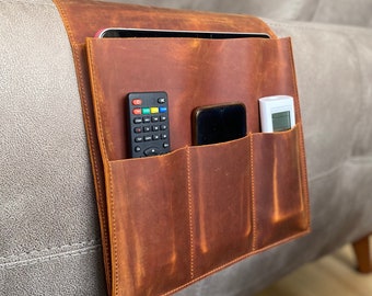 Leather Sofa Armrest Organizer, Remote Control Caddy for Magazine, Tablet, Newspapers, Bedside Caddy