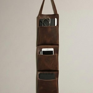 Handmade Leather Wall Pocket Organizer: Bedside Caddy, Home Storage